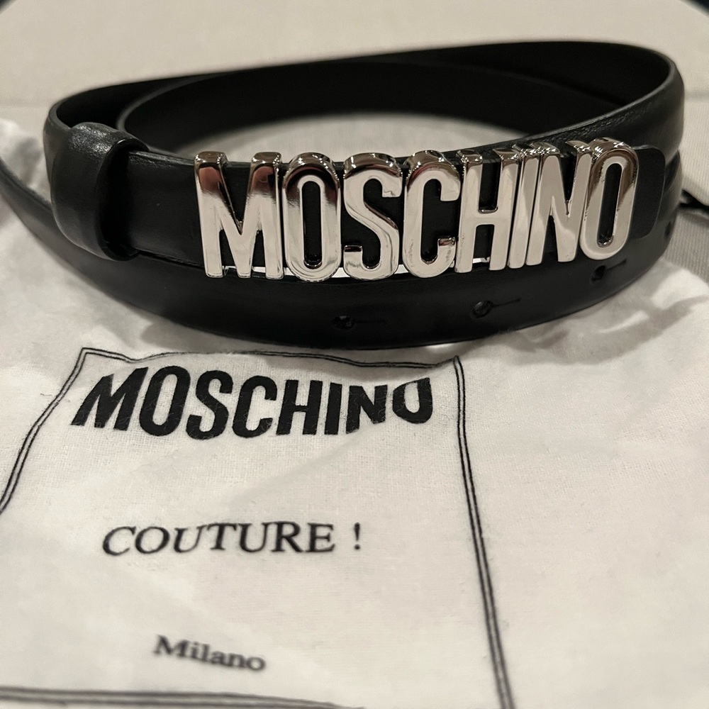 Moschino Black Belt with Silver Lettering, authentic